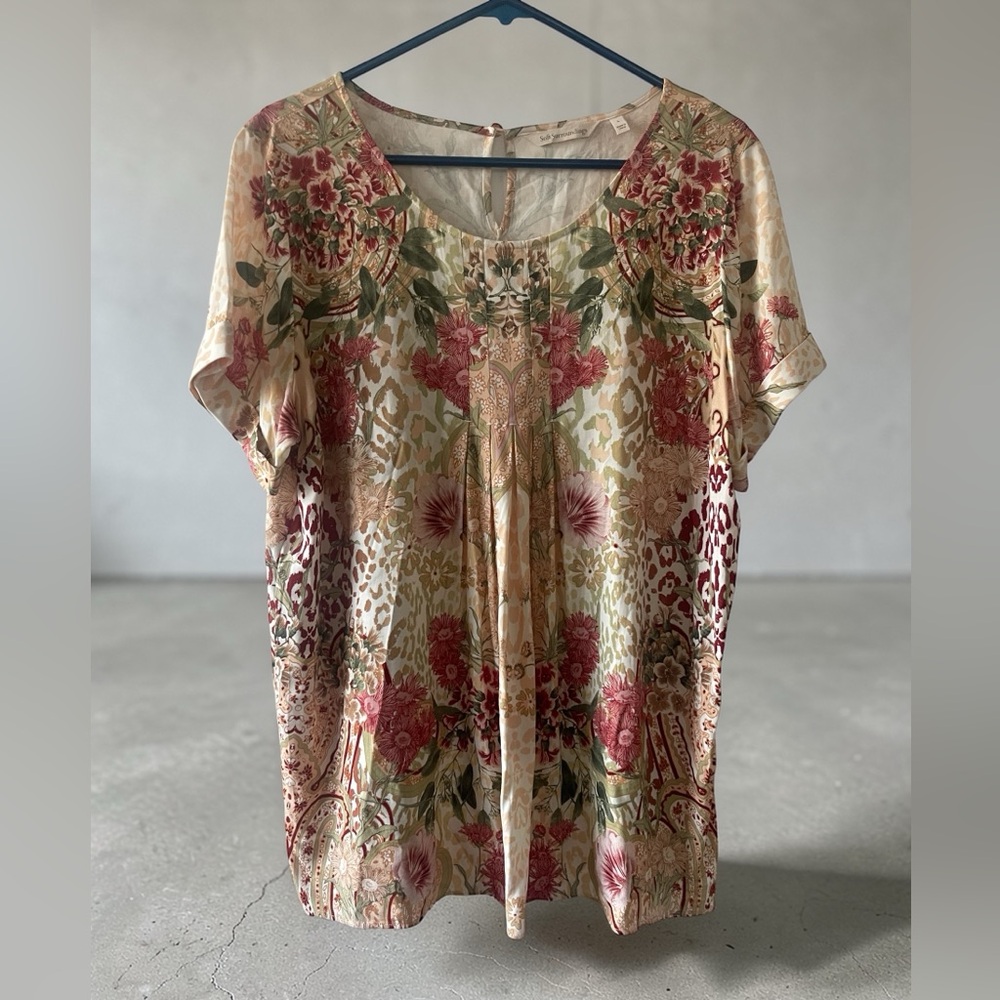 Soft Surroundings Green Yellow Floral Cusabo Top Short Sleeve Top Size large - Picture 2 of 6